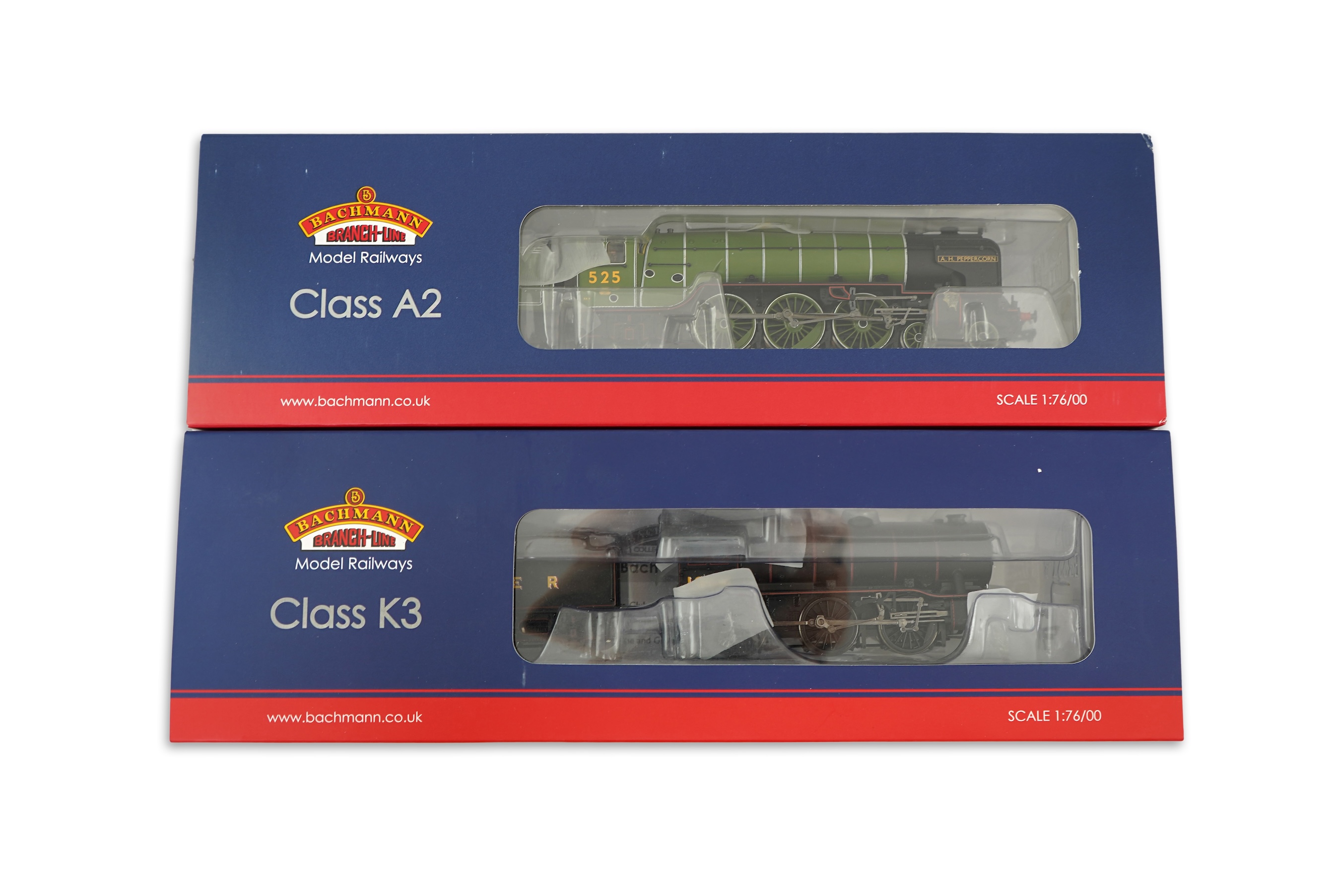 Two boxed Bachman branch line 00 gauge railway LNER tender locomotives; a class A2, A.H. Peppercorn 525, (31-525), together with a class K3, 1304, (32-279A)